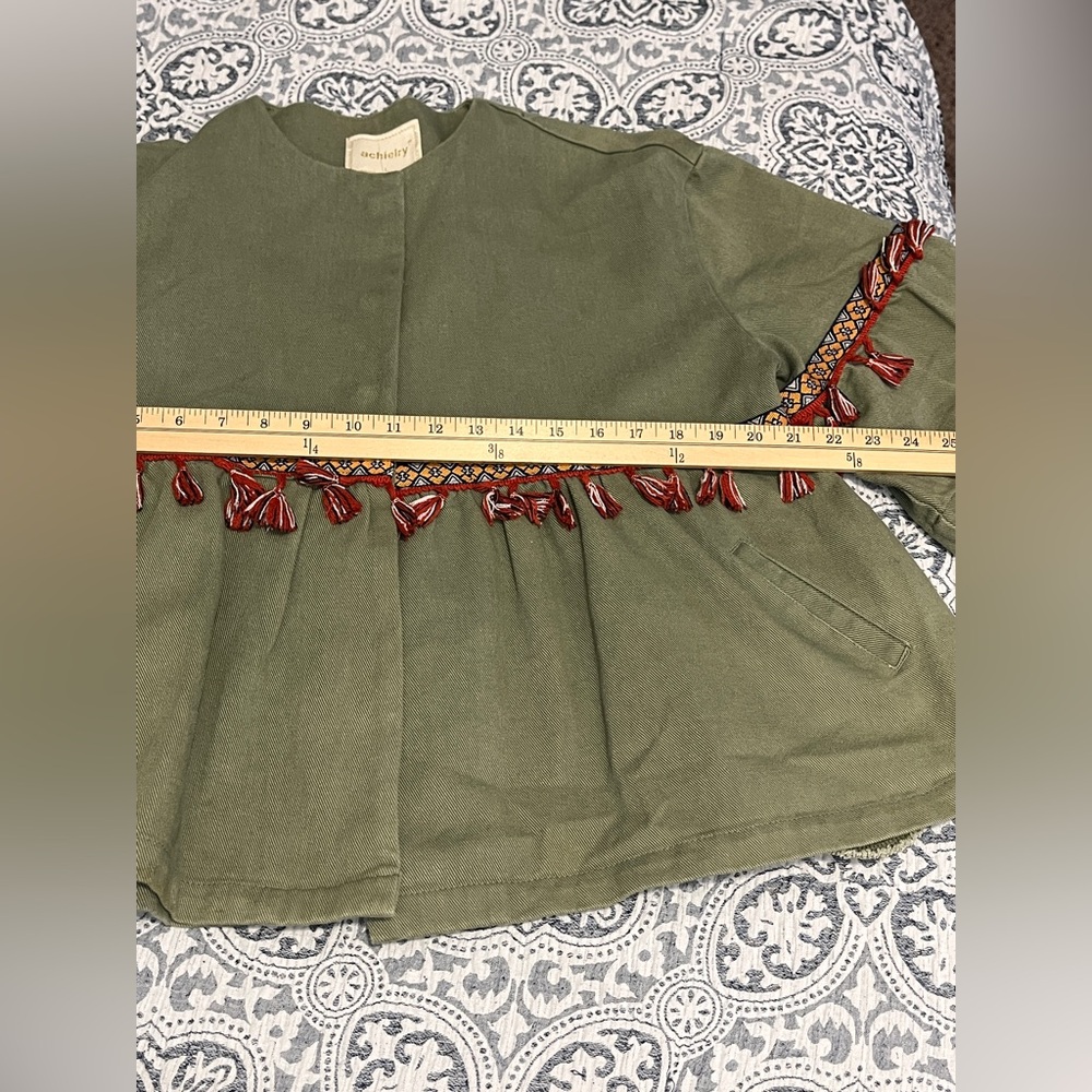 Olive Green Tassel Trim Oversized Boho Aztec Jean Jacket Large - Picture 8 of 10